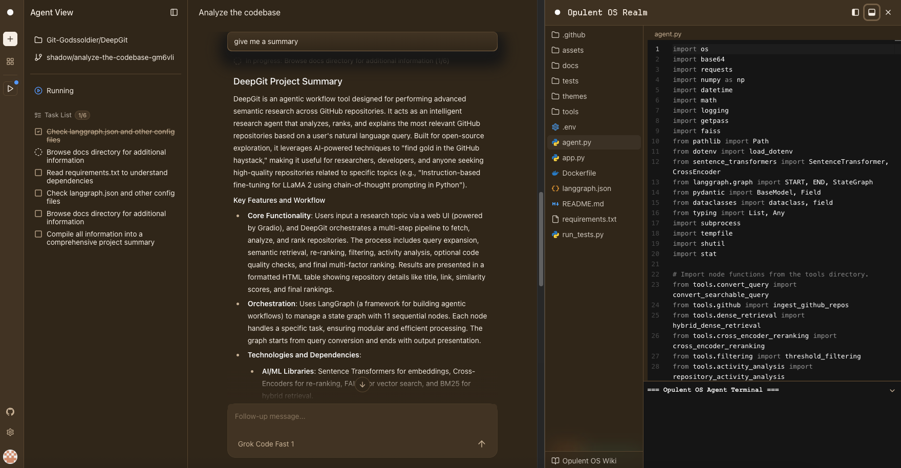 Opulent Code Agent Environment showing the autonomous workspace
