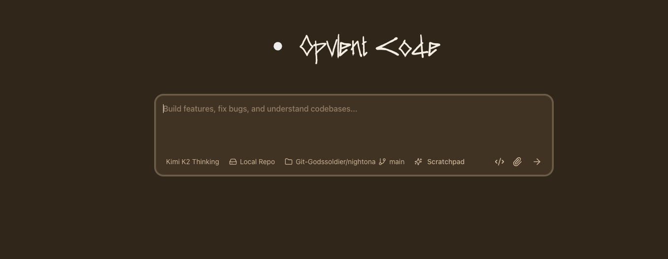 Opulent Code interface showing search prompt with options for Kimi K2 Thinking, Local Repo, Git integration, and Scratchpad